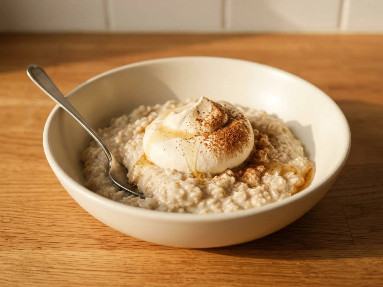 A bowl of oats topped with a spoonful of whipped cottage cheese dusted with cinnamon