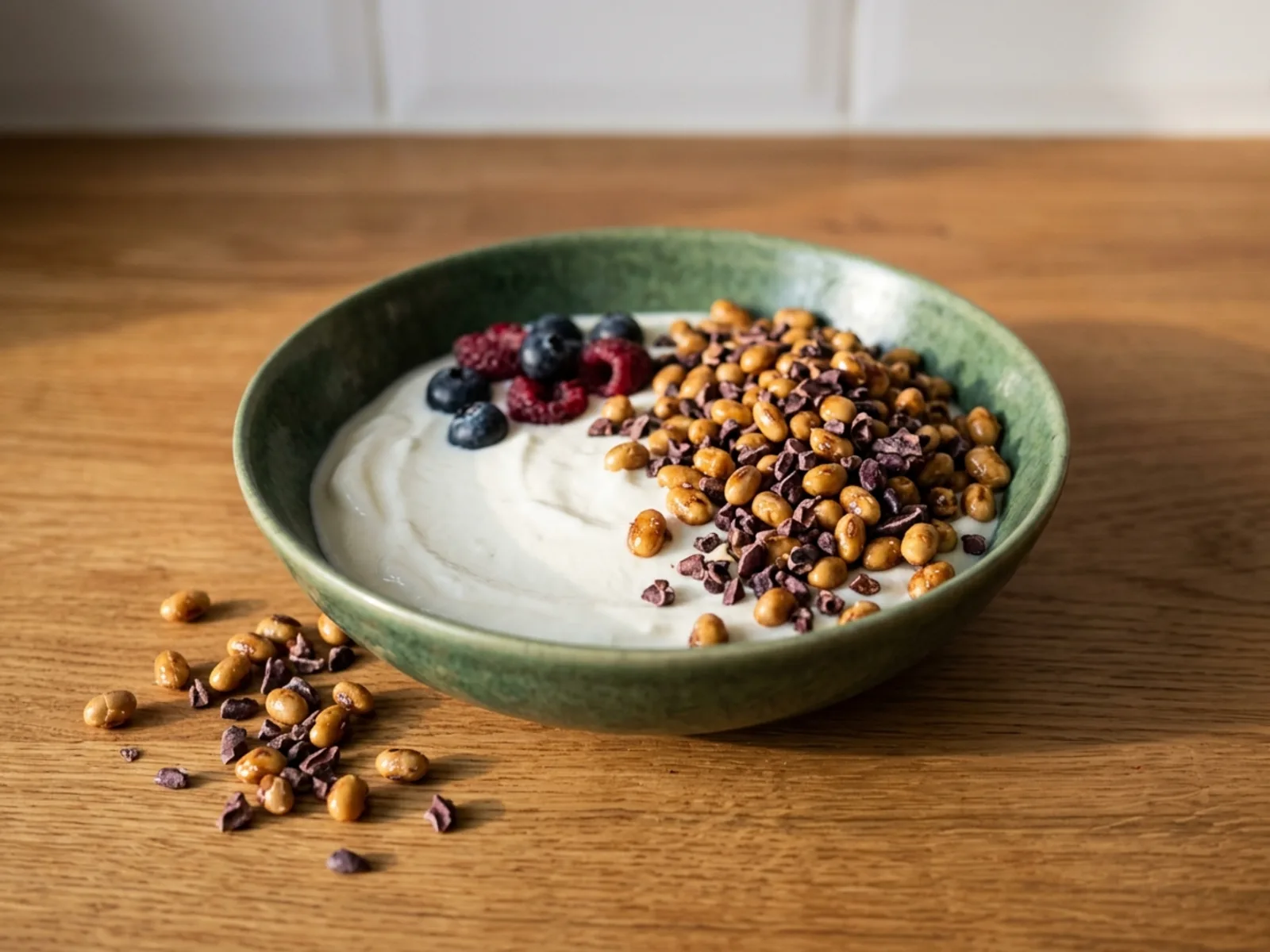 Roasted soybeans with cacao nibs scattered over a bowl of yogurt and berries