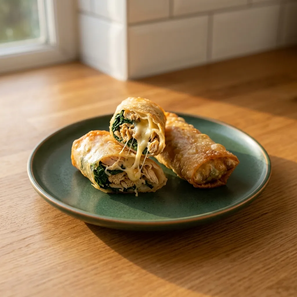 Involtini di carta di riso con pollo, spinaci e formaggio filante