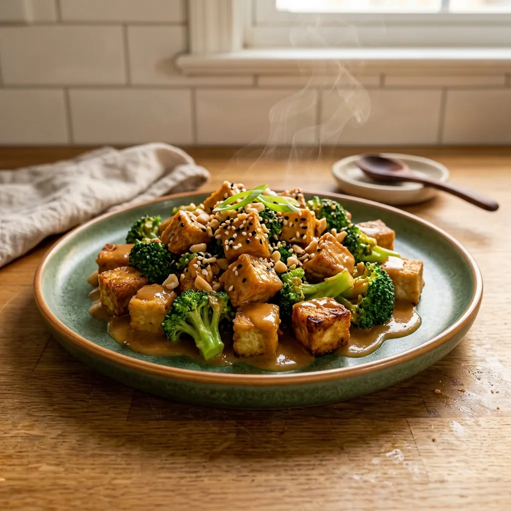 Crispy Tofu and Broccoli Stir-Fry with Peanut Sauce