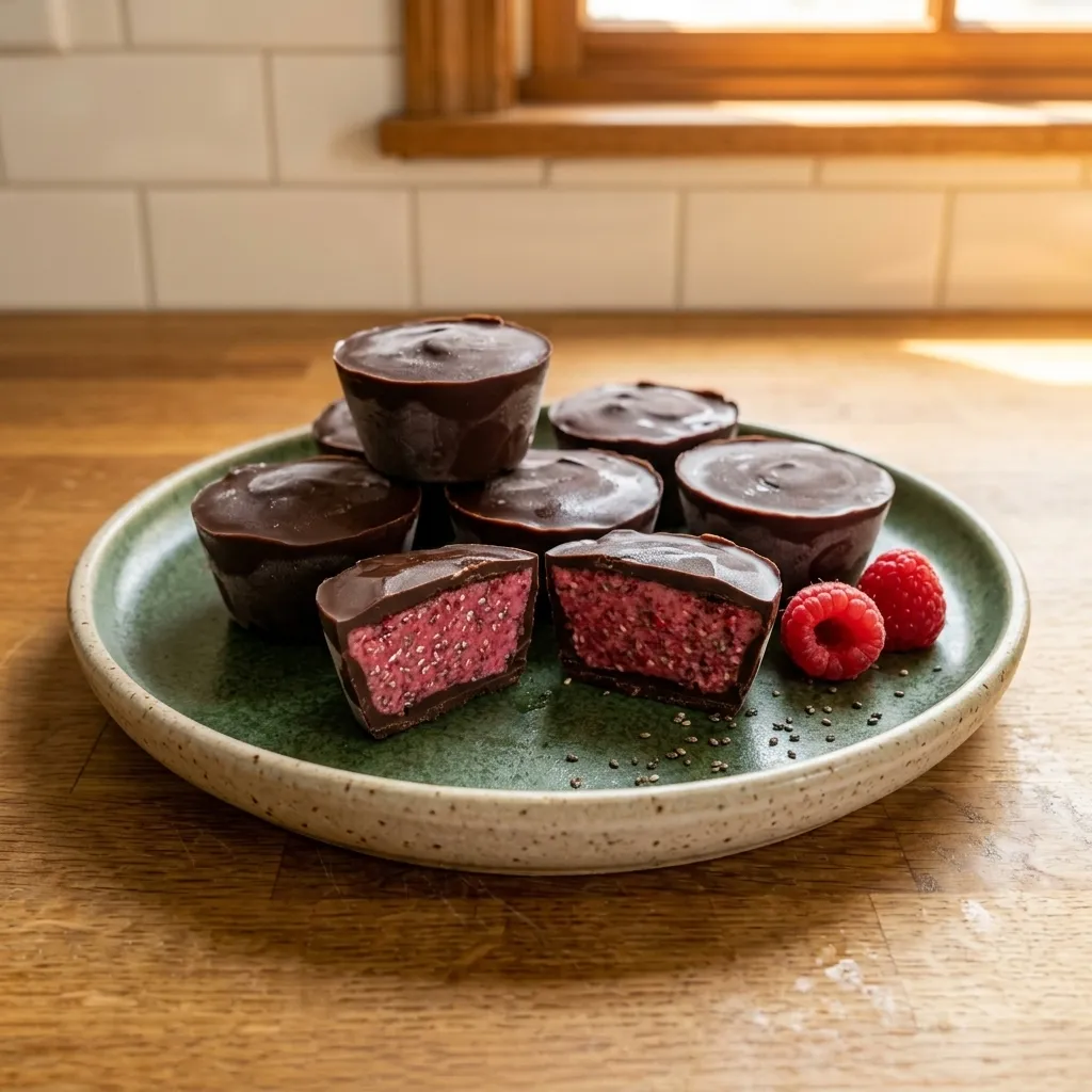 Pralinen aus dunkler Schokolade mit Himbeer-Chia-Füllung