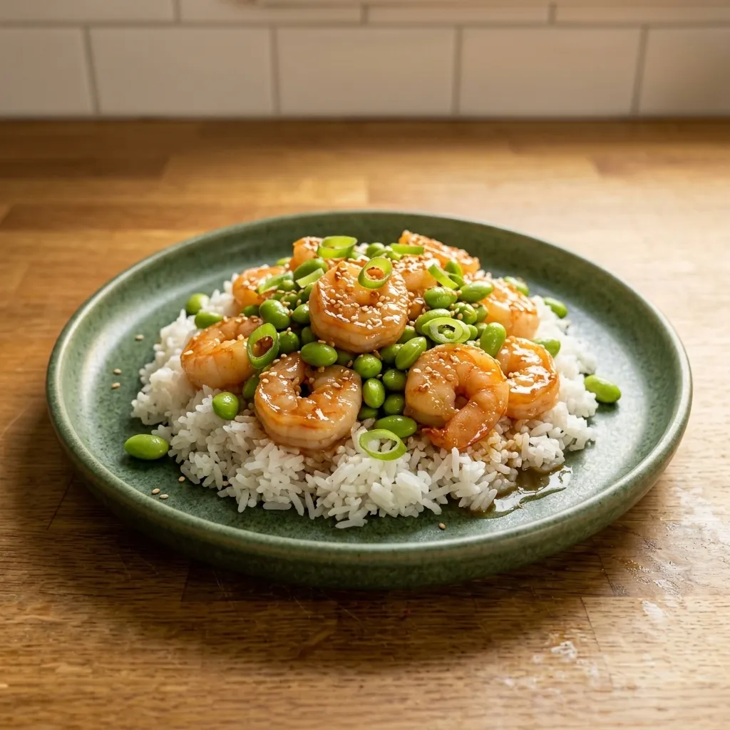 Bowl di riso con gamberi al miele e aglio ed edamame