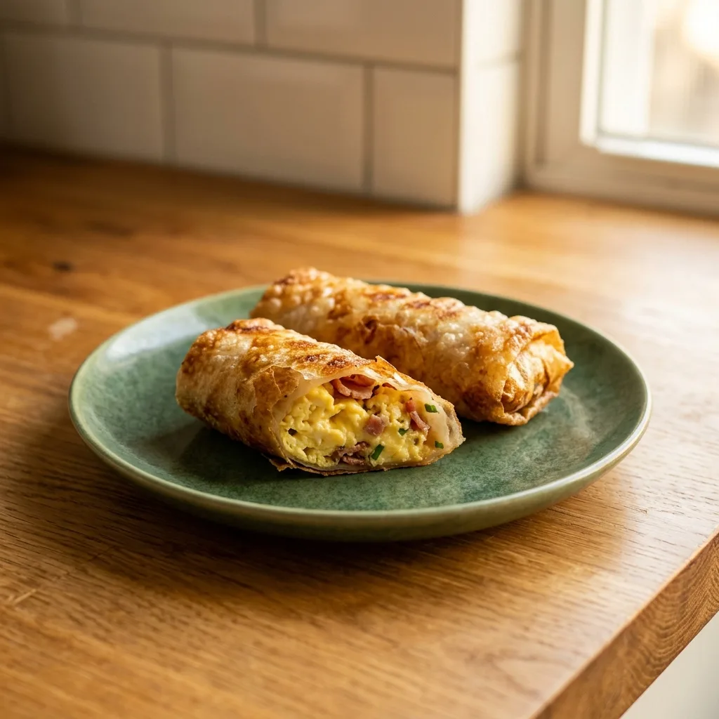 Krispiga frukostrullar i rispapper med ägg och kalkonbacon