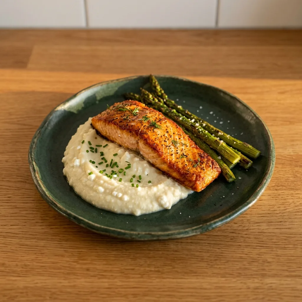 Salmon with Cottage Cheese Mash and Asparagus