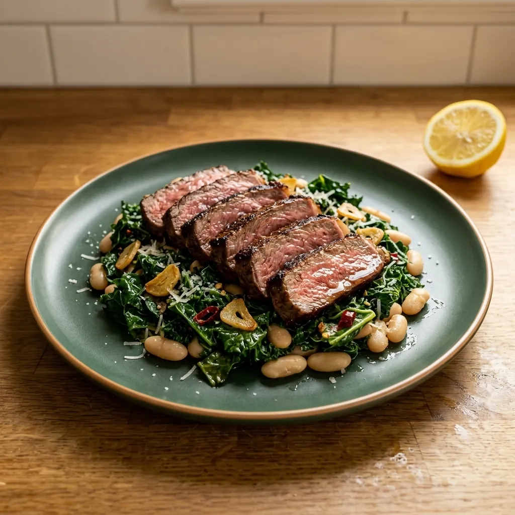 Seared Steak with Garlic Kale and White Beans
