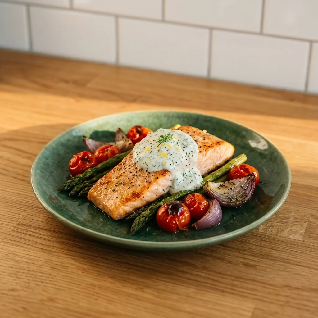 Salmón al horno con salsa de yogur griego y eneldo