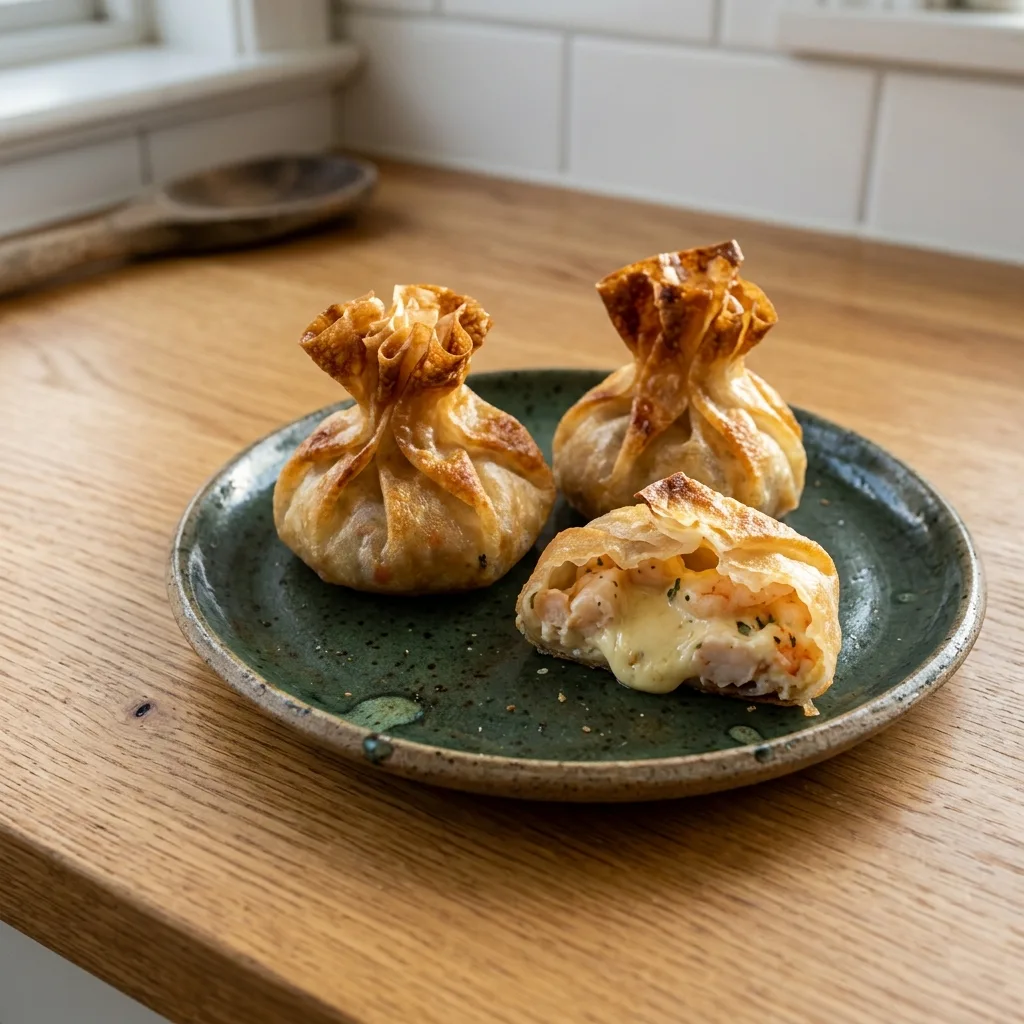Saquitos de papel de arroz con gambas y queso crema