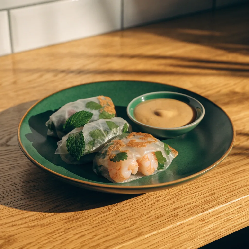 Thai-Garnelen-Kräuter-Teigtaschen aus Reispapier mit Erdnusssoße