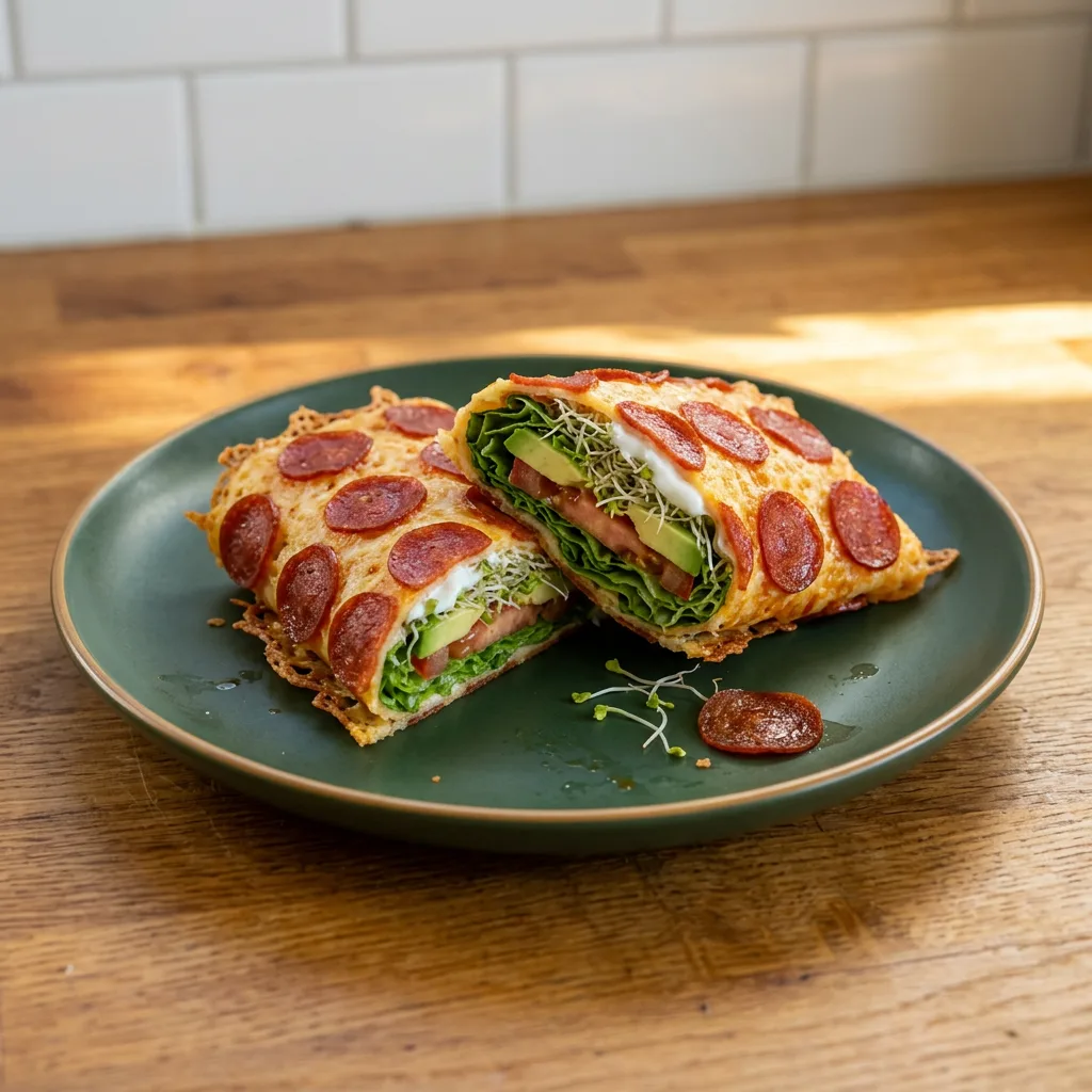 Turkey Pepperoni Cheese Wrap with Avocado and Sprouts