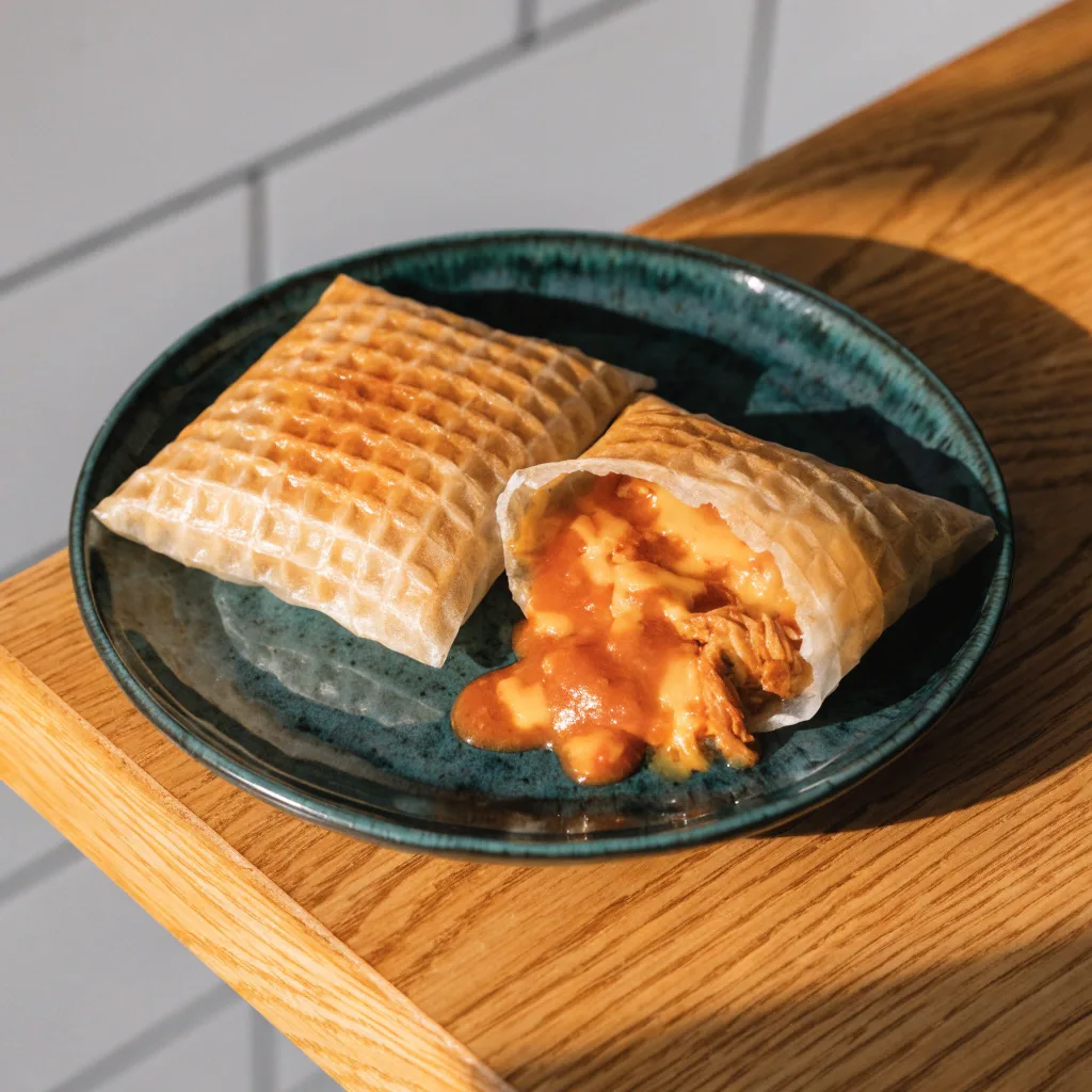 Chaussons en feuille de riz au poulet buffalo, cuits au gaufrier