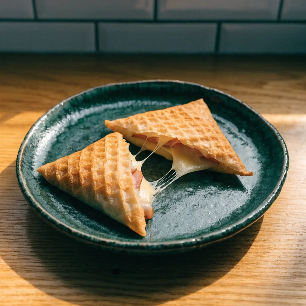 Waffle Iron Ham and Cheese Rice Paper Pockets