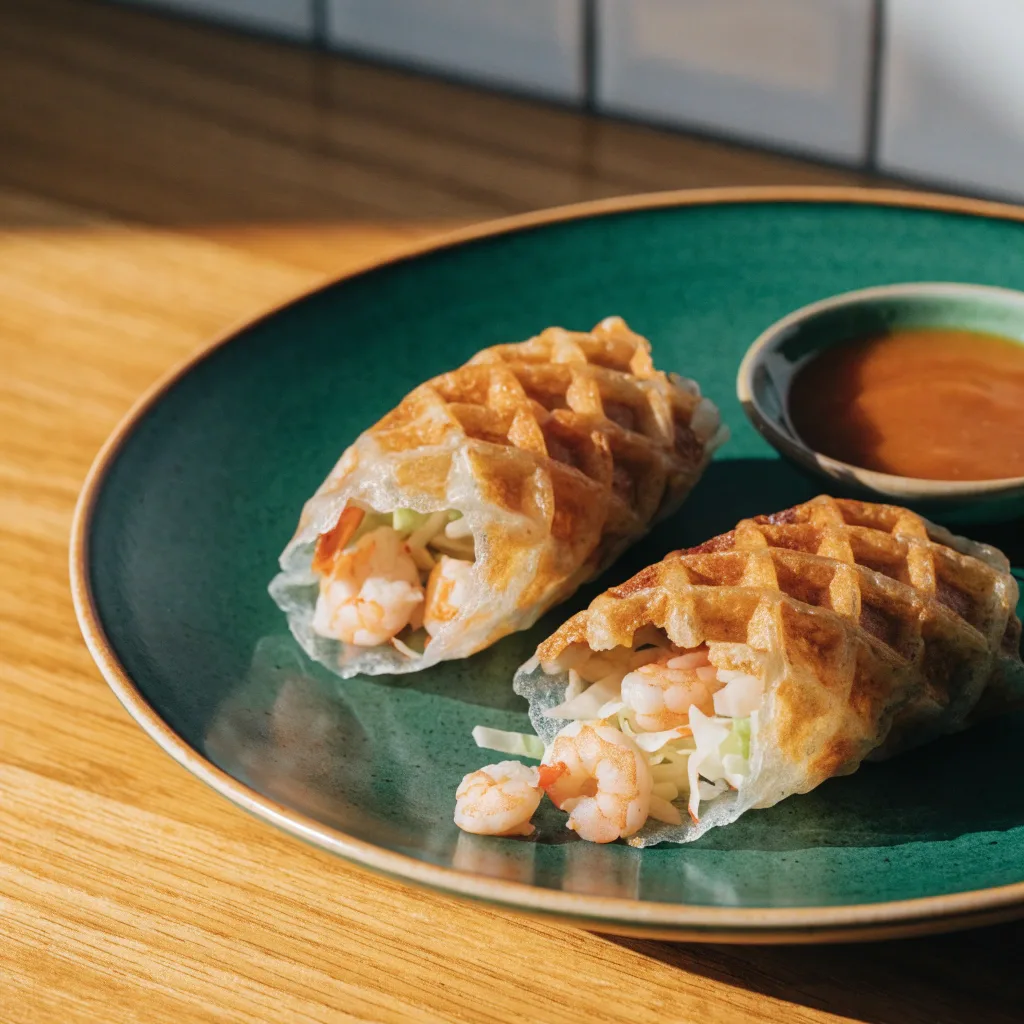 Waffle Iron Shrimp and Cabbage Rice Paper Pockets